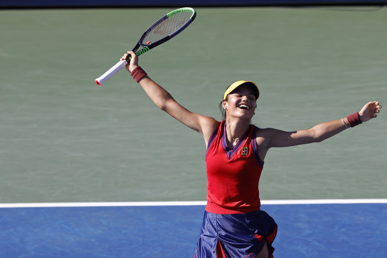 Sep 4, 2021; Flushing, NY, USA; Emma Raducanu of Great Britain celebrates against Sara Sorribes Tormo of Spain (not pictured) on day six of the 2021 U.S. Open tennis tournament at USTA Billie Jean King National Tennis Center. Mandatory Credit: Geoff Burke-USA TODAY Sports