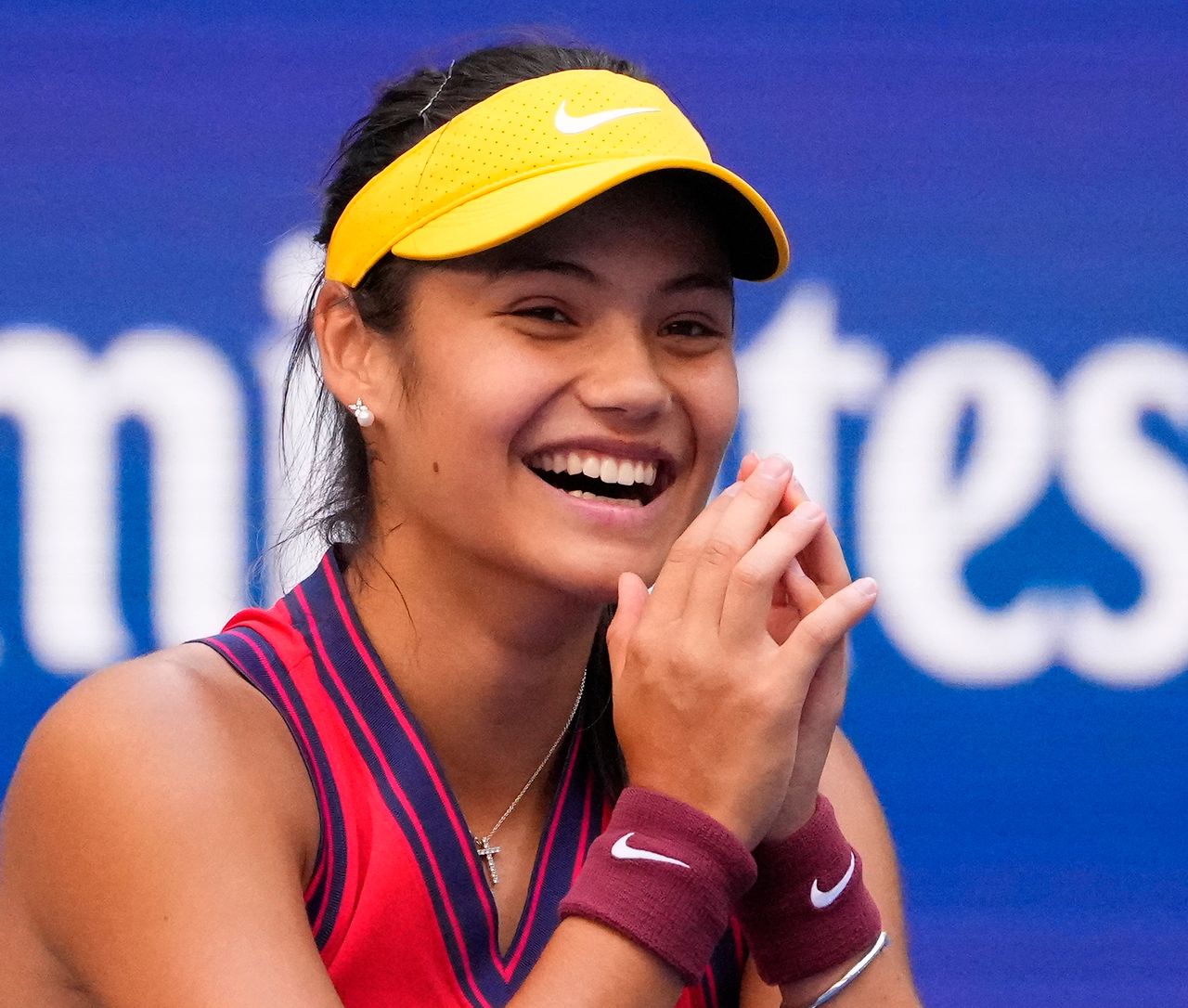 Sep 6, 2021; Flushing, NY, USA; Emma Raducanu of the United Kingdom after beating Shelby Rogers of the USA on day eight of the 2021 U.S. Open tennis tournament at USTA Billie Jean King National Tennis Center. Robert Deutsch-USA TODAY Sports