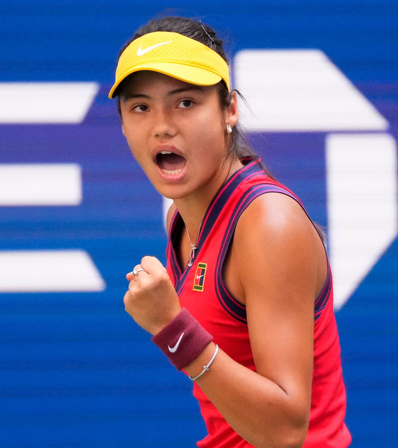 Sep 6, 2021; Flushing, NY, USA; Emma Raducanu of the United Kingdom celebrates a winner against Shelby Rogers of the USA on day eight of the 2021 U.S. Open tennis tournament at USTA Billie Jean King National Tennis Center. Robert Deutsch-USA TODAY Sports