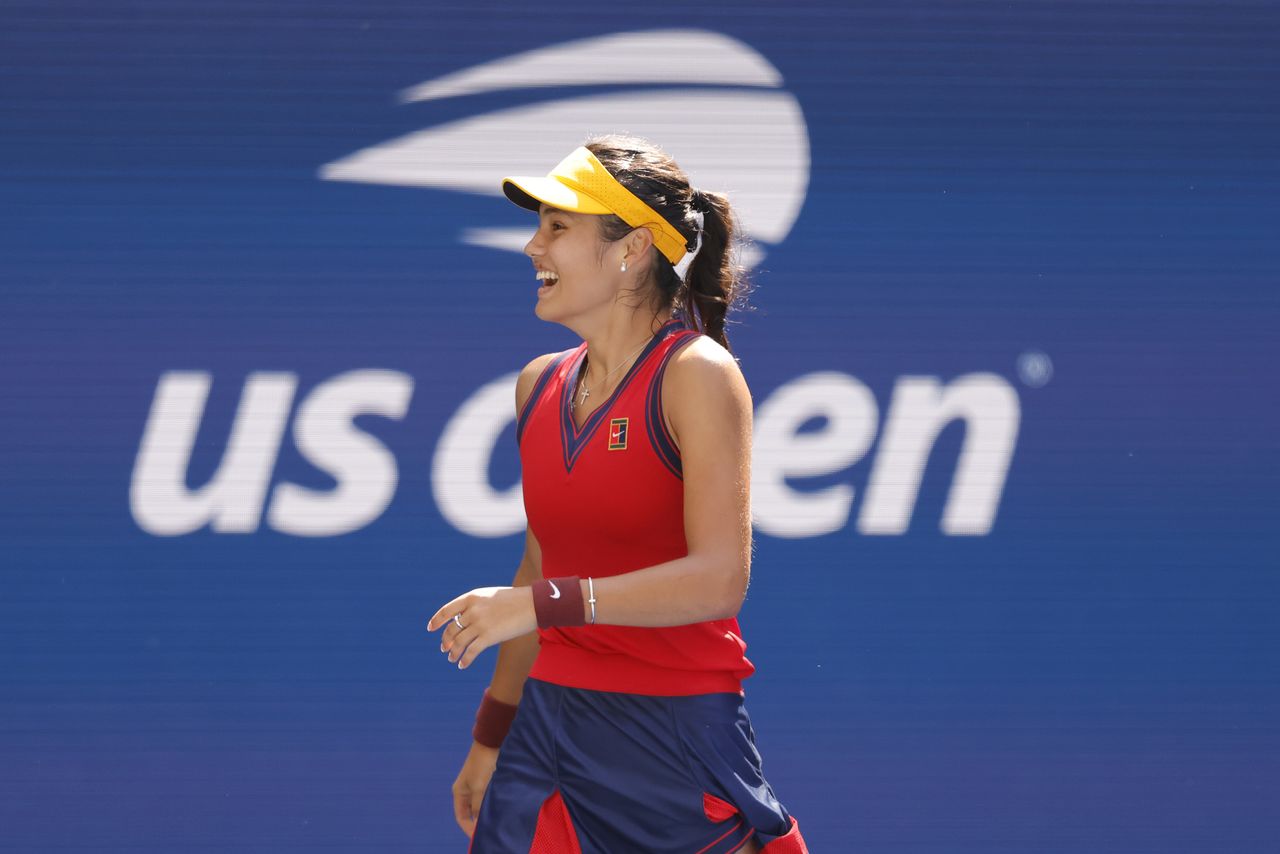 Sep 8, 2021; Flushing, NY, USA; Emma Raducanu of Great Britain celebrates after match point against Belinda Bencic of Switzerland (not pictured) on day ten of the 2021 U.S. Open tennis tournament at USTA Billie Jean King National Tennis Center. Mandatory Credit: Geoff Burke-USA TODAY Sports