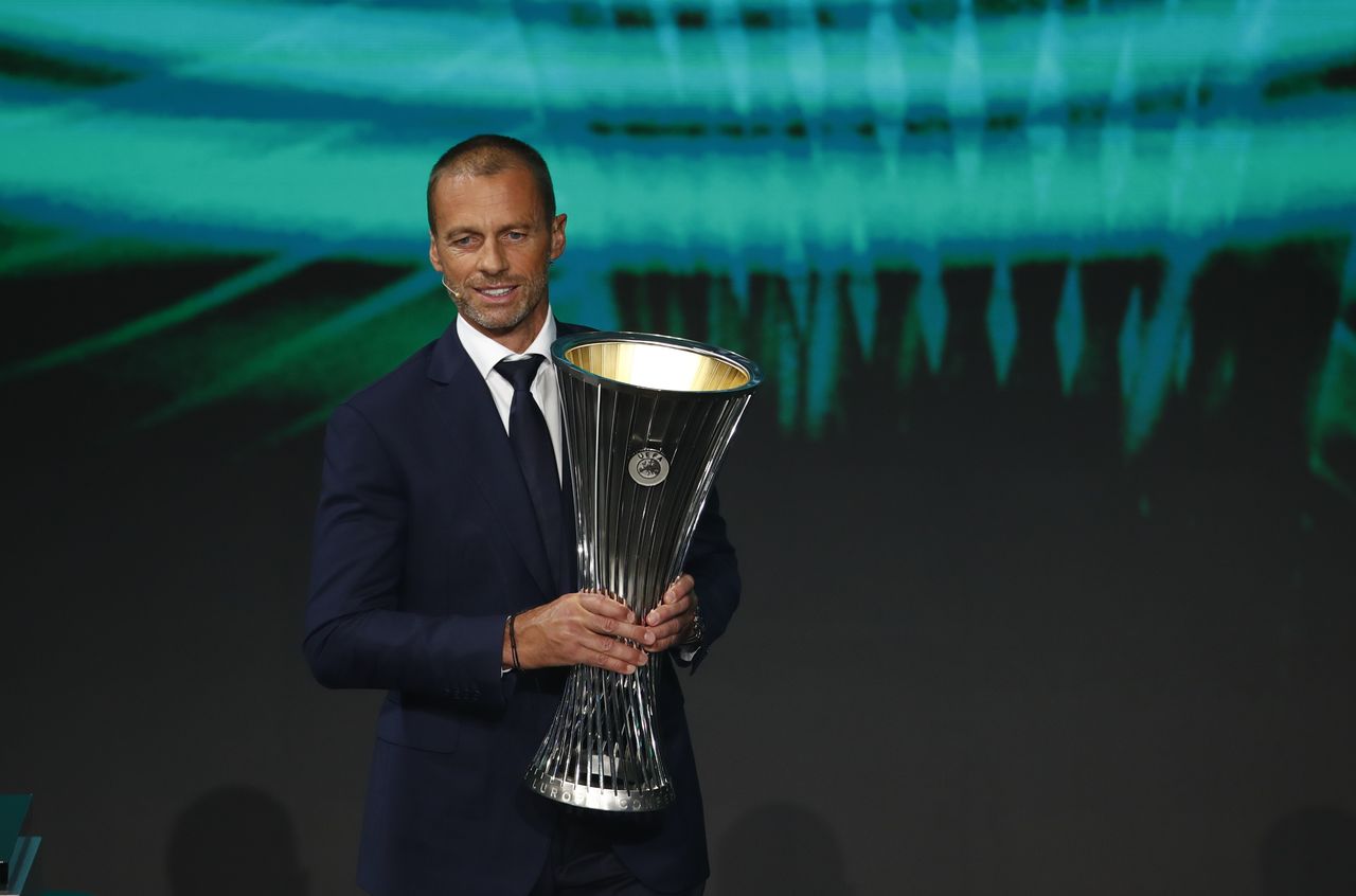 FILE PHOTO: Soccer Football - Europa League and Europa Conference League Group Stage Draws - Halic Congress Center, Istanbul, Turkey - August 27, 2021 UEFA President Aleksander Ceferin holds the Europa Conference League trophy before the Group Stage Draw REUTERS/Murad Sezer