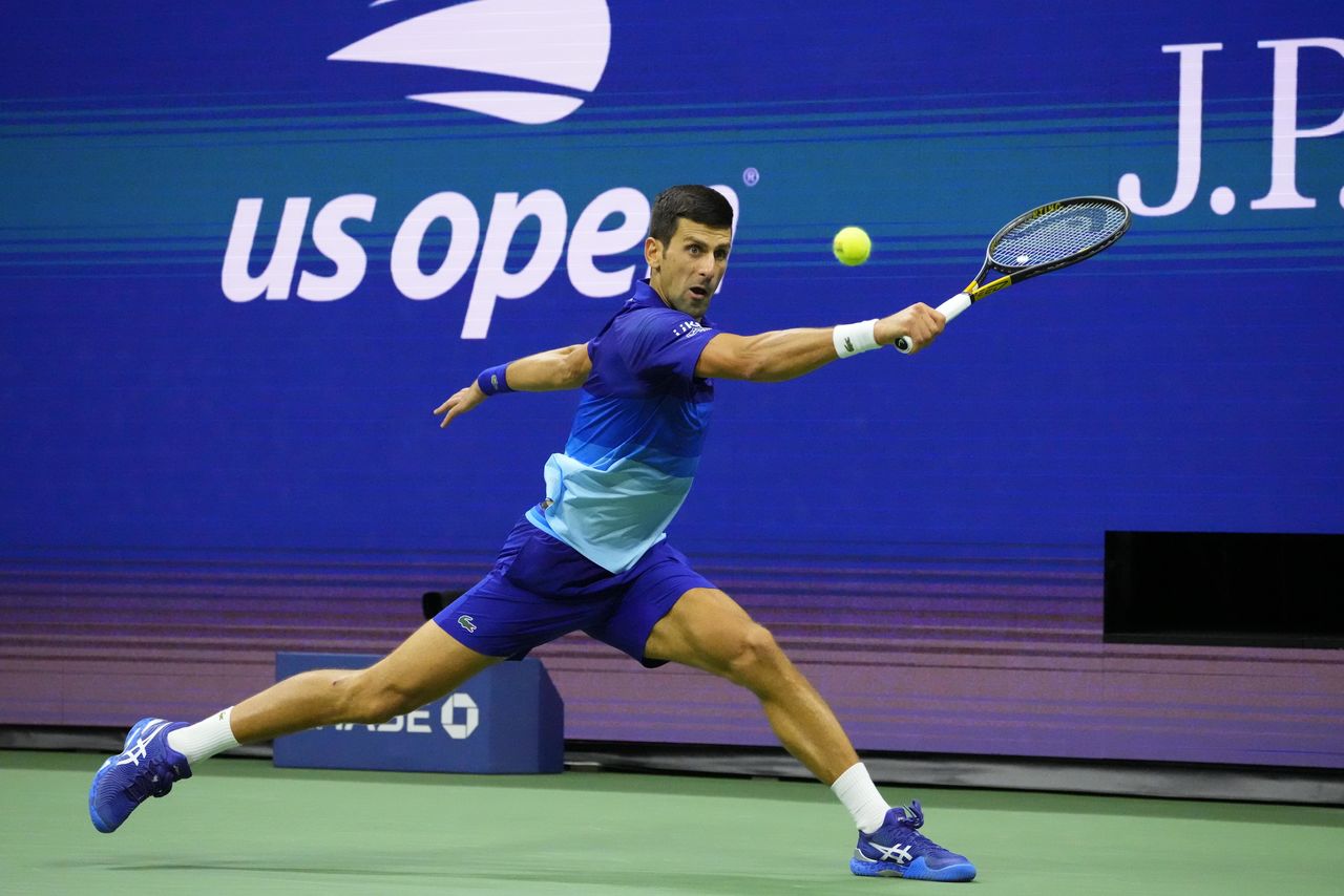 Sep 10, 2021; Flushing, NY, USA; Novak Djokovic of Serbia hits a backhand against Alexander Zverev of Germany (not pictured) on day twelve of the 2021 U.S. Open tennis tournament at USTA Billie Jean King National Tennis Center. Mandatory Credit: Robert Deutsch-USA TODAY Sports
