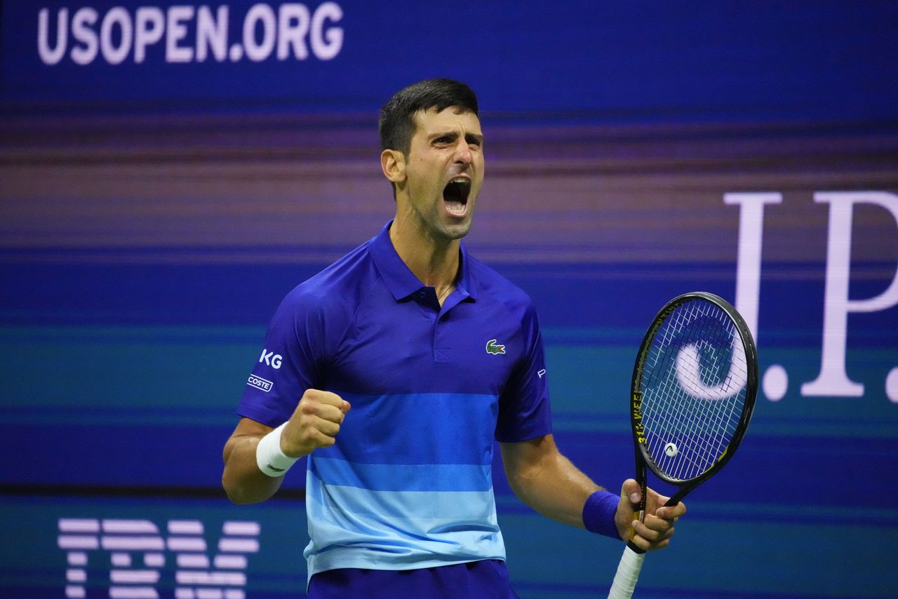 Sep 10, 2021; Flushing, NY, USA; Novak Djokovic of Serbia reacts after winning a break point against Alexander Zverev of Germany (not pictured) in the fifth set on day twelve of the 2021 U.S. Open tennis tournament at USTA Billie Jean King National Tennis Center. Mandatory Credit: Robert Deutsch-USA TODAY Sports