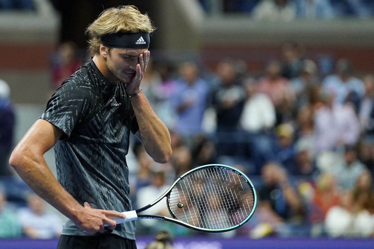 Sep 10, 2021; Flushing, NY, USA; Alexander Zverev of Germany reacts after missing a shot on break point against Novak Djokovic of Serbia (not pictured) on day twelve of the 2021 U.S. Open tennis tournament at USTA Billie Jean King National Tennis Center. Mandatory Credit: Danielle Parhizkaran-USA TODAY Sports