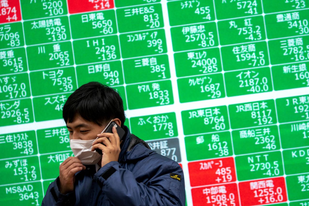 FILE PHOTO: A man wearing a protective face mask, following an outbreak of the coronavirus, talks on his mobile phone in front of a screen showing the Nikkei index outside a brokerage in Tokyo, Japan, February 26, 2020. REUTERS/Athit Perawongmetha/File Photo
