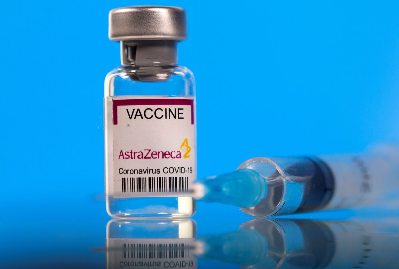 FILE PHOTO: A vial labelled with the AstraZeneca coronavirus disease (COVID-19) vaccine is seen in this illustration picture taken March 19, 2021. REUTERS/Dado Ruvic/Illustration
