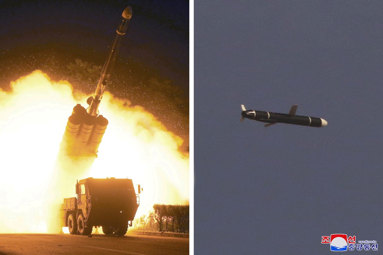 FILE PHOTO: The Academy of National Defense Science conducts long-range cruise missile tests in North Korea, as pictured in this combination of undated photos supplied by North Korea