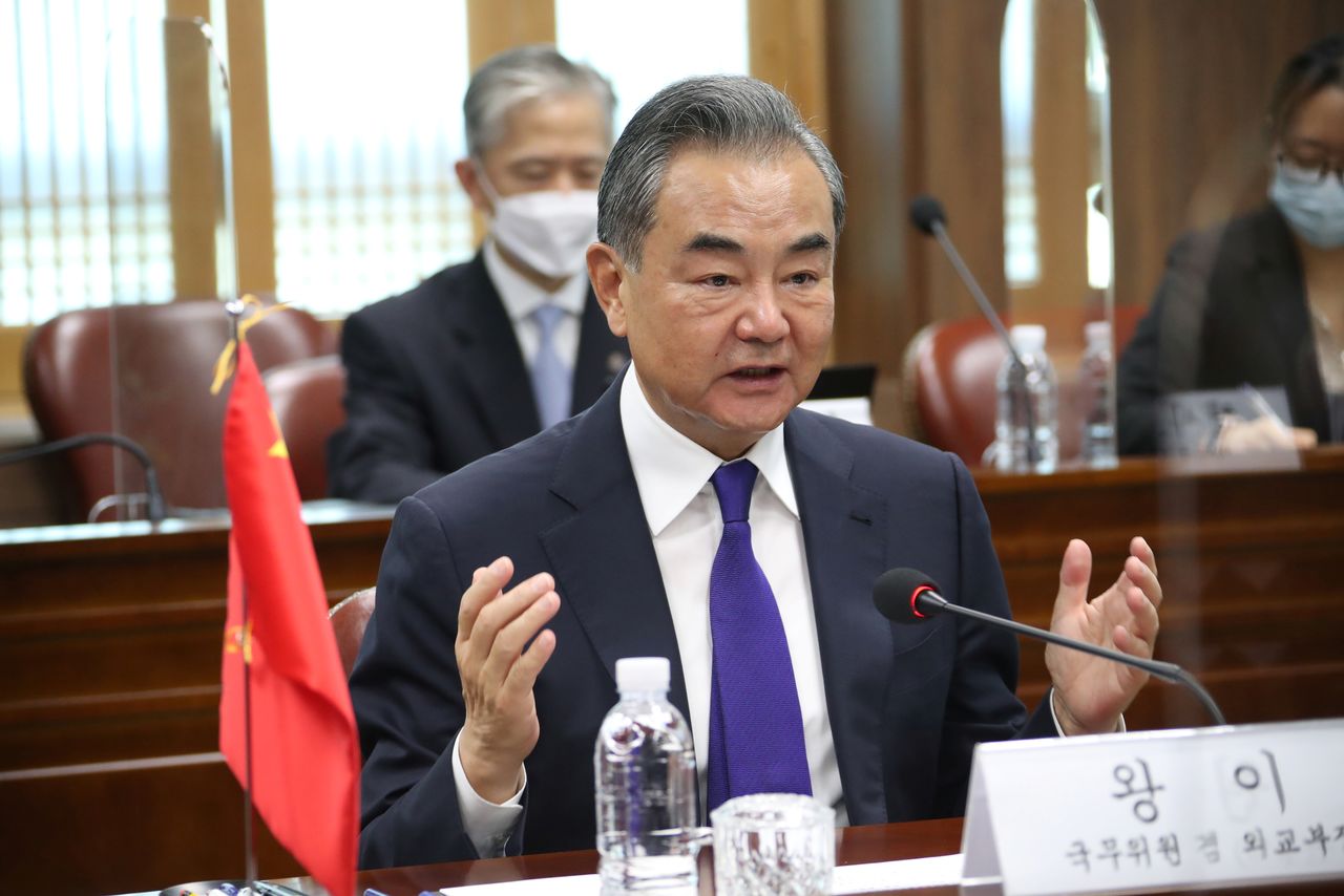 Chinese Foreign Minister Wang Yi speaks during a meeting with his South Korean counterpart Chung Eui-yong at Foreign Ministry in Seoul, South Korea, September 15, 2021.   Yonhap via REUTERS   ATTENTION EDITORS - THIS IMAGE HAS BEEN SUPPLIED BY A THIRD PARTY. SOUTH KOREA OUT. NO RESALES. NO ARCHIVE.