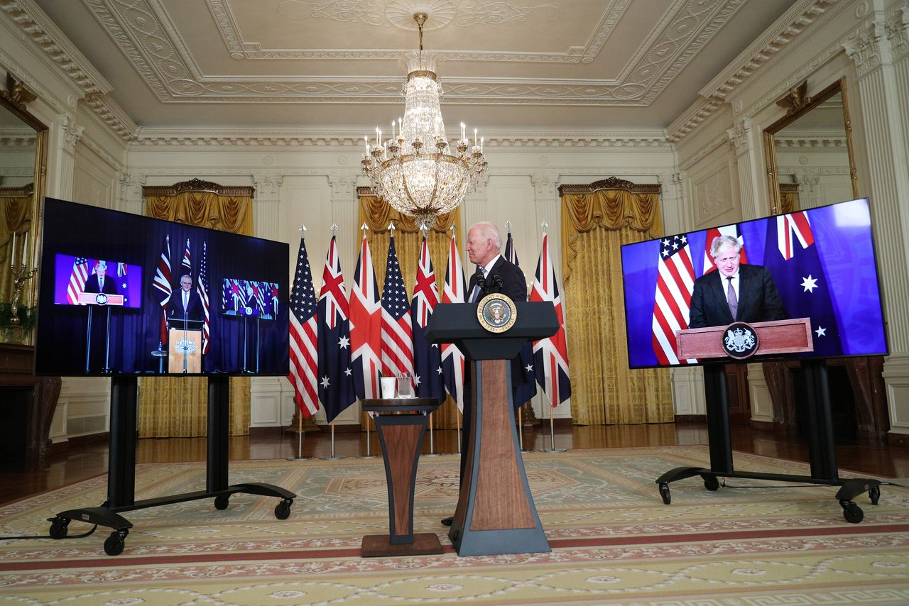 U.S. President Joe Biden delivers remarks on a National Security Initiative virtually with Australian Prime Minister Scott Morrison and British Prime Minister Boris Johnson, inside the East Room at the White House in Washington, U.S., September 15, 2021. REUTERS/Tom Brenner