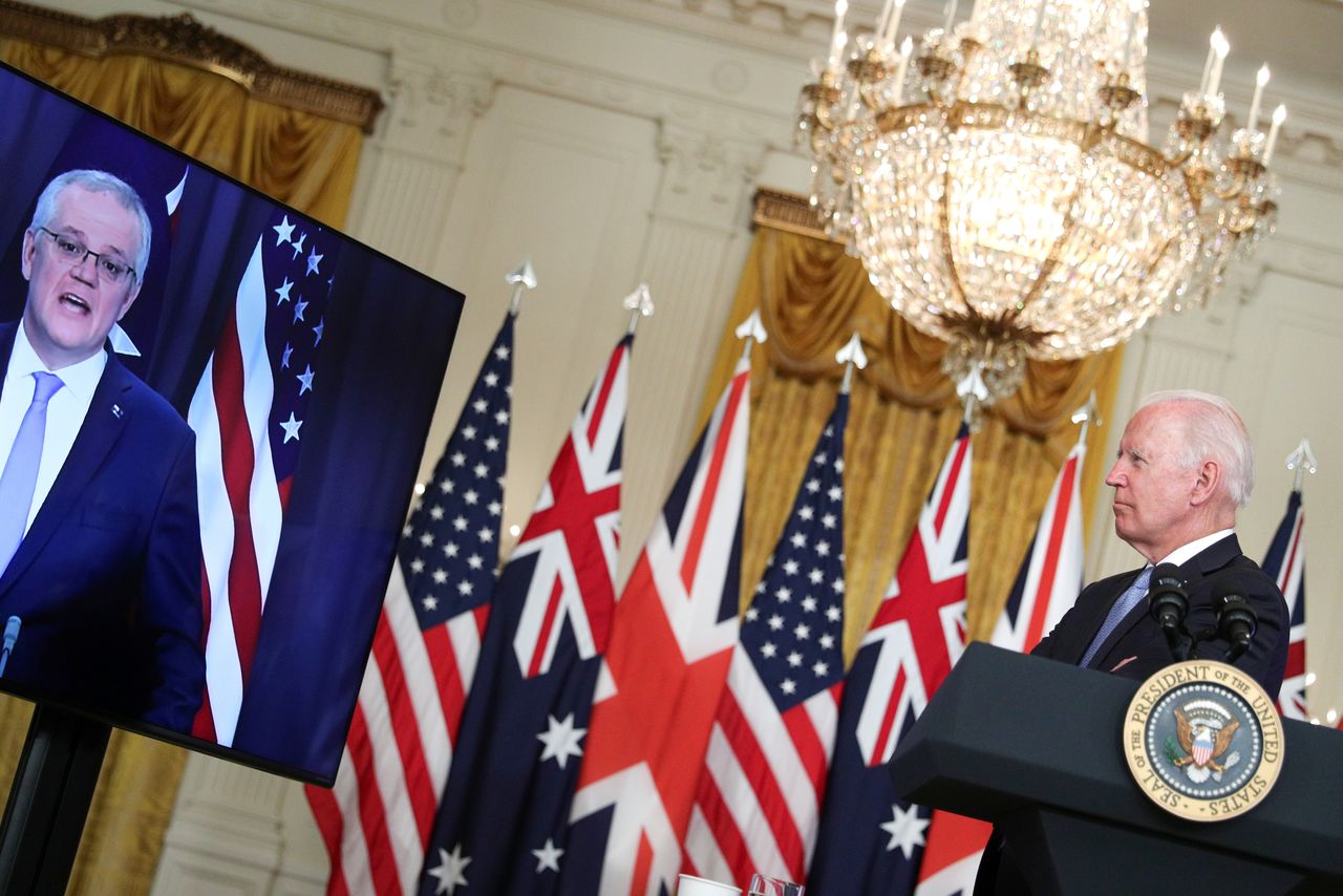 U.S. President Joe Biden delivers remarks on a National Security Initiative virtually with Australian Prime Minister Scott Morrison and British Prime Minister Boris Johnson, not pictured, inside the East Room at the White House in Washington, U.S., September 15, 2021. REUTERS/Tom Brenner