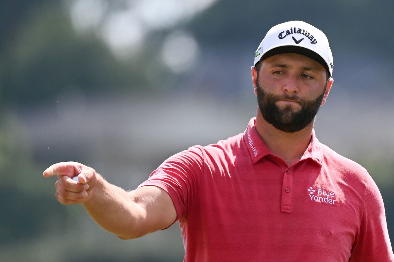 FILE PHOTO: Sep 5, 2021; Atlanta, Georgia, USA; Jon Rahm reacts on the 8th hole during the final round of the Tour Championship golf tournament. Mandatory Credit: Adam Hagy-USA TODAY Sports