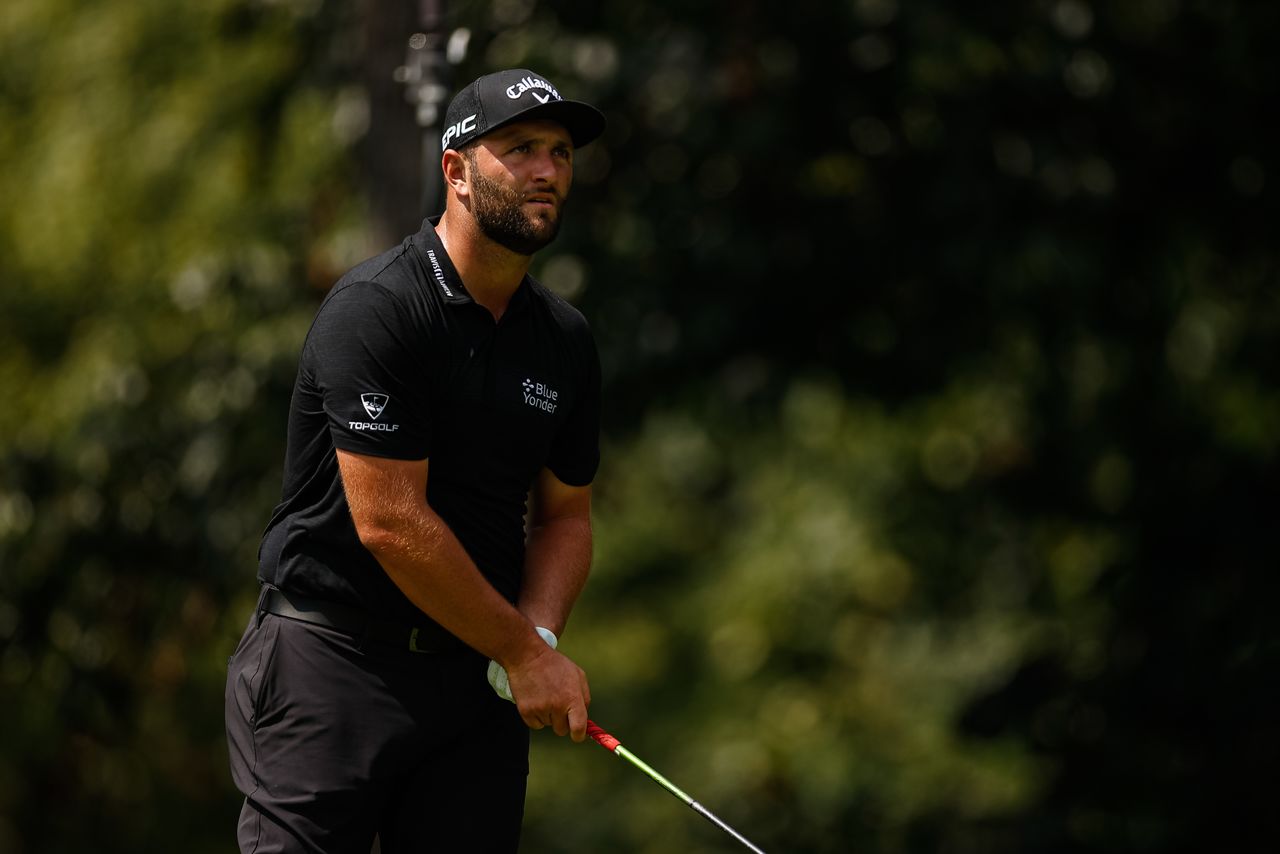 FILE PHOTO: Aug 27, 2021; Owings Mills, Maryland, USA; Jon Rahm watches his shot from the second tee during the second round of the BMW Championship golf tournament. Mandatory Credit: Scott Taetsch-USA TODAY Sports