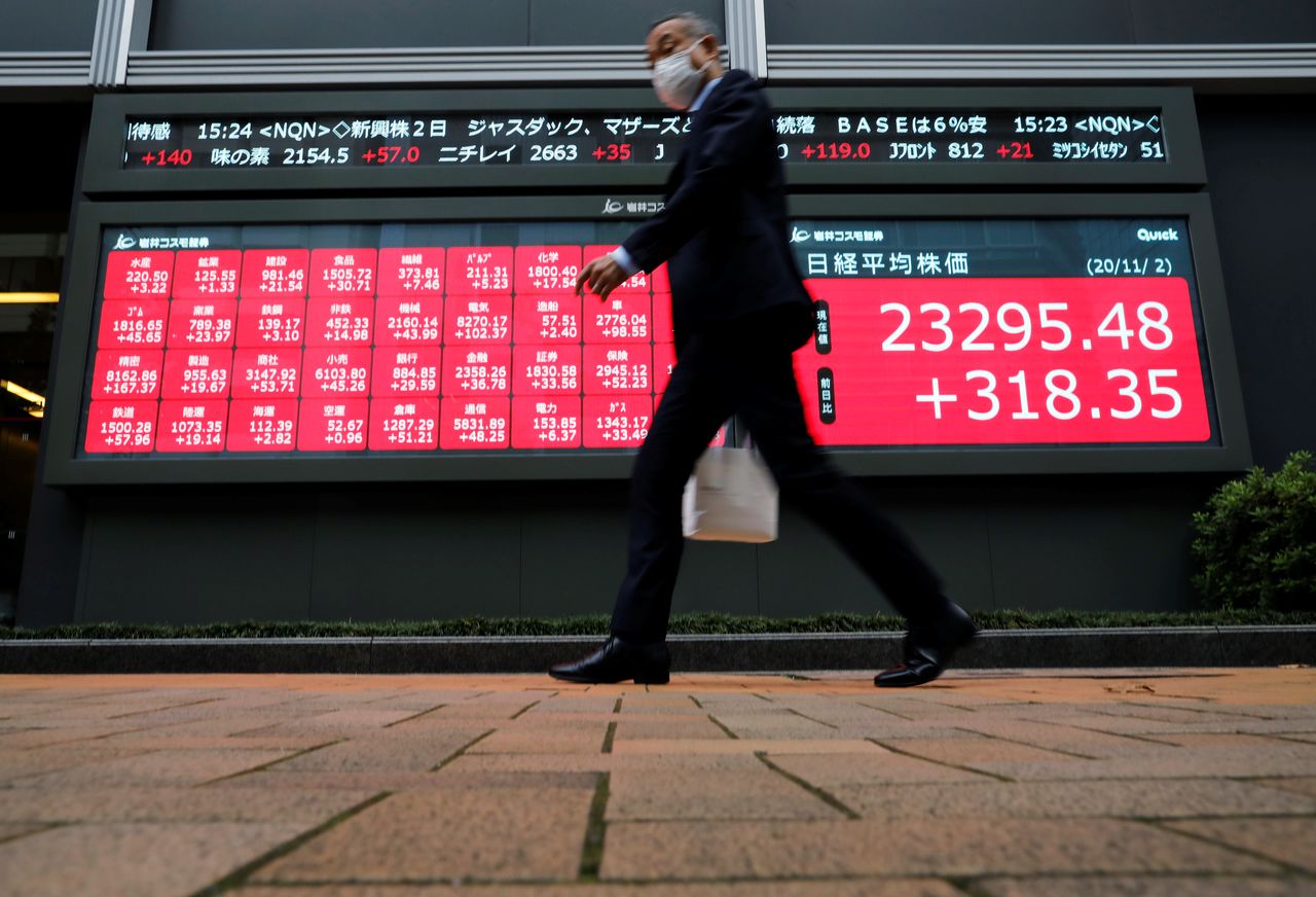 FILE PHOTO: A man wearing a protective face mask walks past a stock quotation board outside a brokerage, amid the coronavirus disease (COVID-19) outbreak, in Tokyo, Japan November 2, 2020. REUTERS/Issei Kato