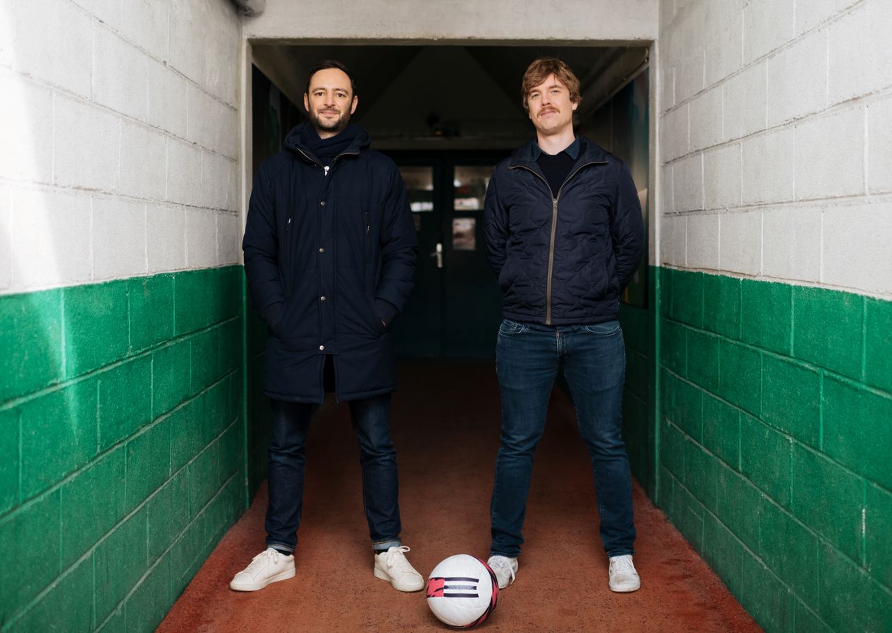 Sorare CEO and co-founder Nicolas Julia and Chief Technology Officer Adrien Montfort pose in this image of online fantasy football game company Sorare taken in Paris, France in 2021. Sorare/Handout via REUTERS