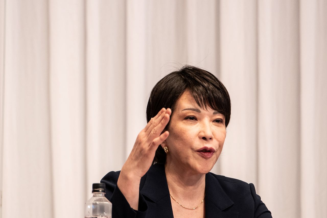 FILE PHOTO: Candidate for the presidential election of the ruling Liberal Democratic Party, Sanae Takaichi, speaks during a debate organized by the Liberal Democratic Party, Youth Bureau, Women