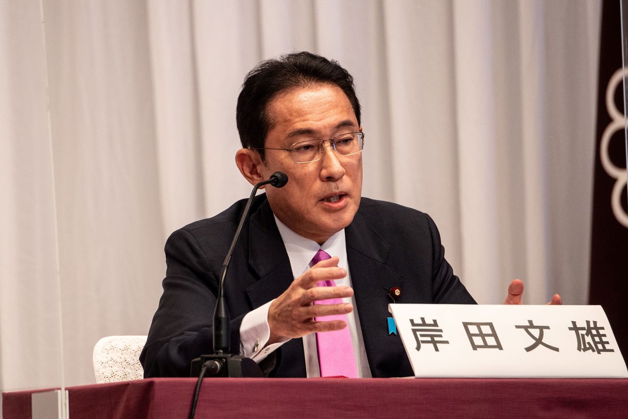 Candidate for the presidential election of the ruling Liberal Democratic Party, Fumio Kishida, former foreign minister speaks during a debate organized by Liberal Democratic Party, Youth Bureau, Women