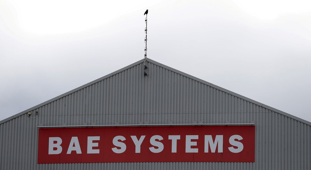 FILE PHOTO: A sign adorns a hangar at the BAE Systems facility at Salmesbury, near Preston, northern England March 10, 2016.  REUTERS/Phil Noble