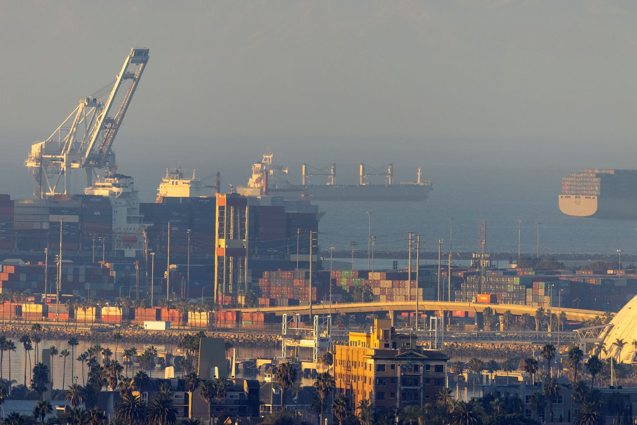 FILE PHOTO: The port of Long Beach is shown as a record number of cargo container ships wait to unload in Long Beach, California, U.S., September 22, 2021. REUTERS/Mike Blake