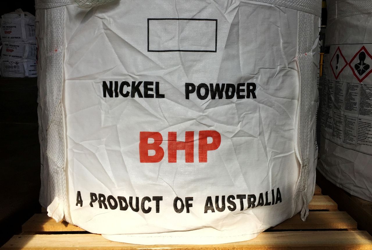 FILE PHOTO: A tonne of nickel powder made by BHP Group sits in a warehouse at its Nickel West division, south of Perth, Australia August 2, 2019. Picture taken August 2, 2019. REUTERS/Melanie Burton/File Photo