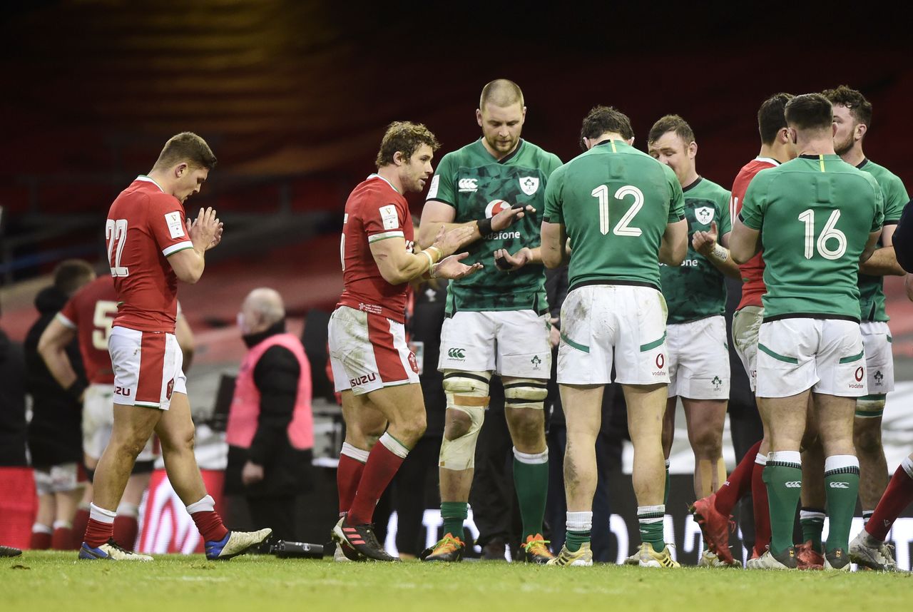 FILE PHOTO: Rugby Union - Six Nations Championship - Wales v Ireland - Principality Stadium, Cardiff, Wales, Britain - February 7, 2021 Wales and Ireland players after the match REUTERS/Rebecca Naden