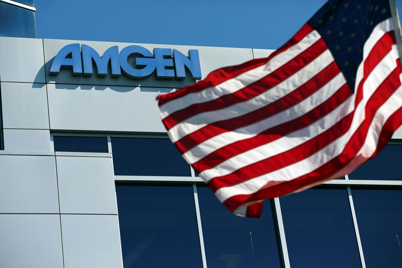 FILE PHOTO: An Amgen sign is seen at the company
