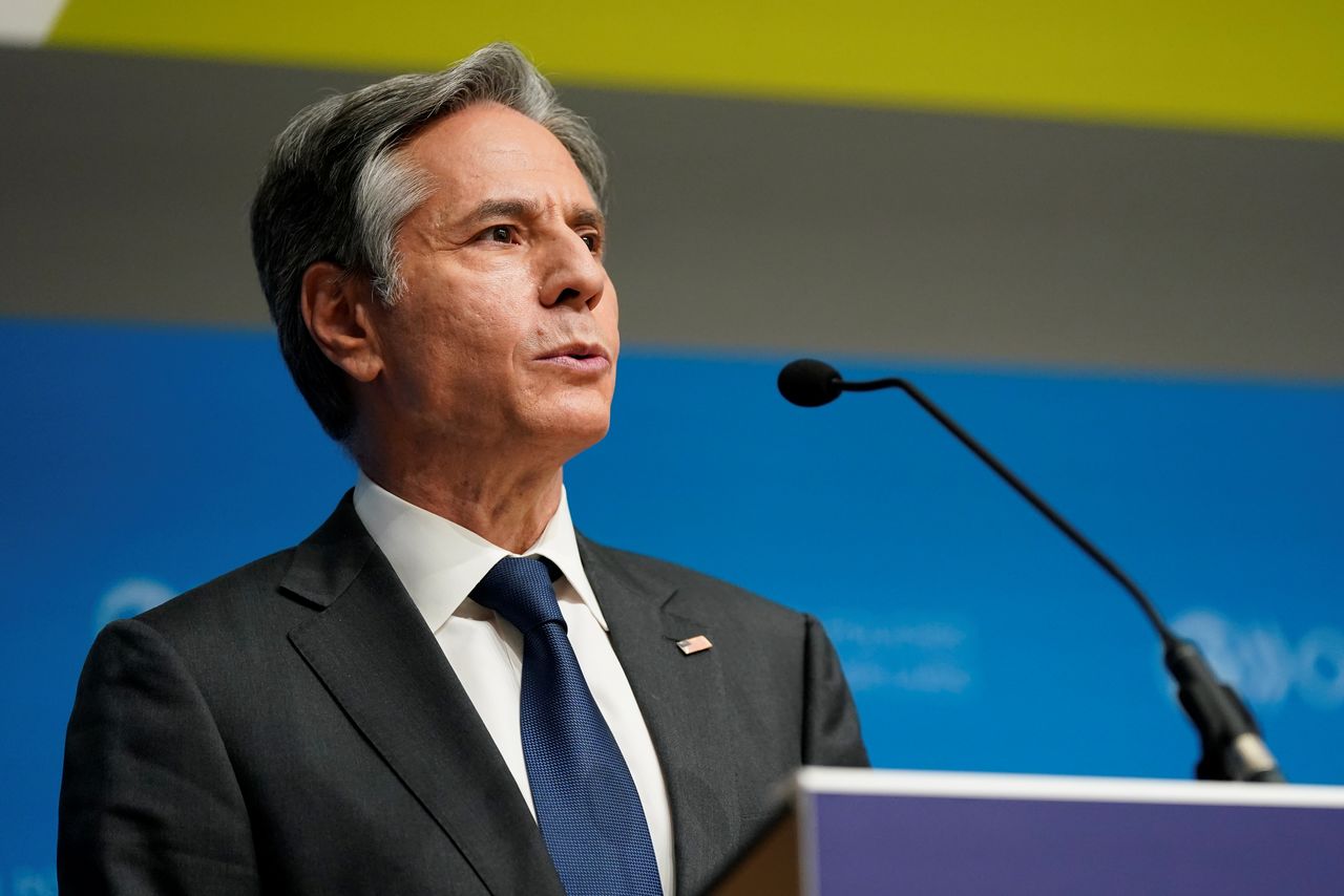 U.S. Secretary of State Antony Blinken speaks during a press briefing with Mathias Cormann, Secretary-General of the Organization for Economic Cooperation and Development, at the OECD