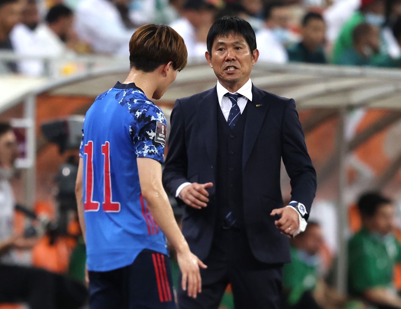 FILE PHOTO: Soccer Football - World Cup - Asia Qualifiers - Group B - Saudi Arabia v Japan - King Abdullah Sports City, Jeddah, Saudi Arabia - October 7, 2021 Japan coach Hajime Moriyasu during the match REUTERS/Ahmed Yosri