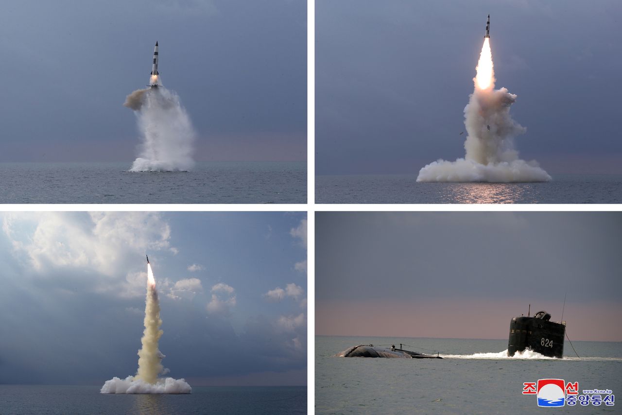 A combination of pictures shows a new submarine-launched ballistic missile during a test in this undated photo released on October 19, 2021 by North Korea