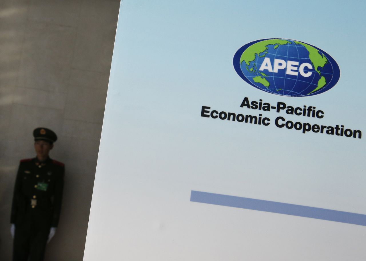 FILE PHOTO: A paramilitary policeman stands guard next to a banner bearing a logo of APEC during the opening of the 2014 APEC Concluding Senior Officials