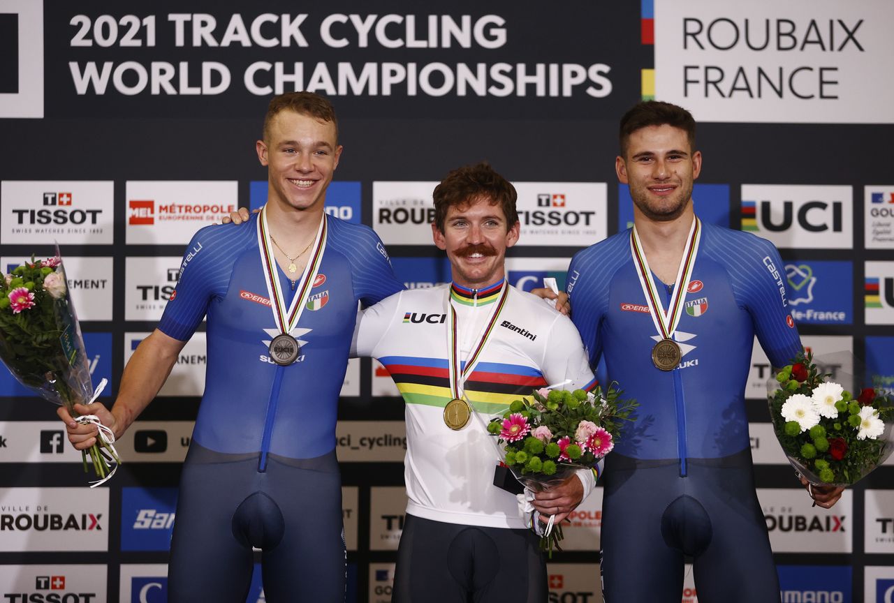 Cycling - UCI Track Cycling World Championships - Stab Velodrome, Roubaix, France - October 22, 2021 Ashton Lambie of the U.S. celebrates with the gold medal on the podium after winning the men