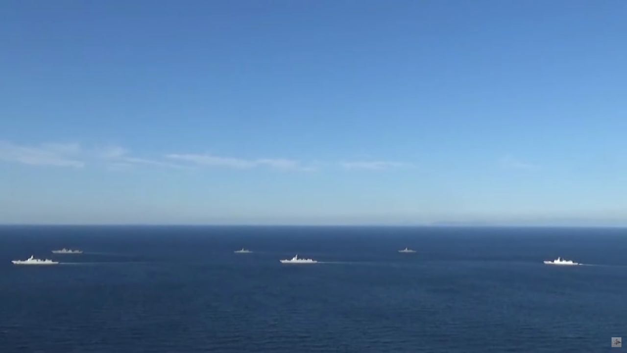 A group of naval vessels from Russia and China conduct a joint maritime military patrol in the waters of the Pacific Ocean, in this still image taken from video released on October 23, 2021. Russian Defence Ministry/Handout via REUTERS