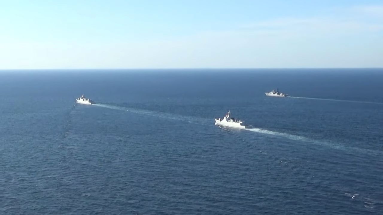 A group of naval vessels from Russia and China conduct a joint maritime military patrol in the waters of the Pacific Ocean, in this still image taken from video released on October 23, 2021. Russian Defence Ministry/Handout via REUTERS