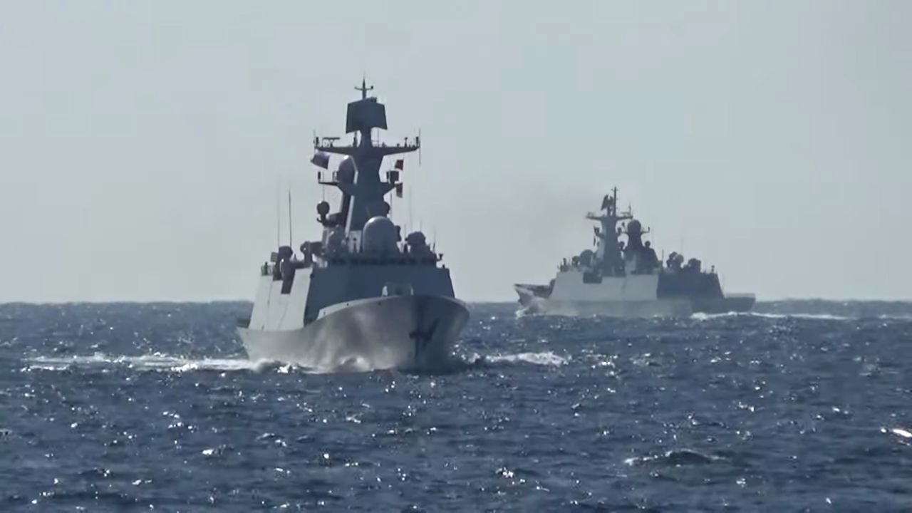 A group of naval vessels from Russia and China conduct a joint maritime military patrol in the waters of the Pacific Ocean, in this still image taken from video released on October 23, 2021. Russian Defence Ministry/Handout via REUTERS