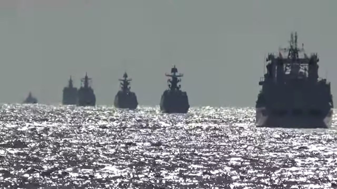 A group of naval vessels from Russia and China conduct a joint maritime military patrol in the waters of the Pacific Ocean, in this still image taken from video released on October 23, 2021. Russian Defence Ministry/Handout via REUTERS