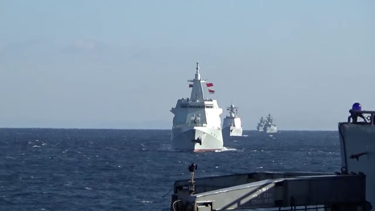 A group of naval vessels from Russia and China conduct a joint maritime military patrol in the waters of the Pacific Ocean, in this still image taken from video released on October 23, 2021. Russian Defence Ministry/Handout via REUTERS
