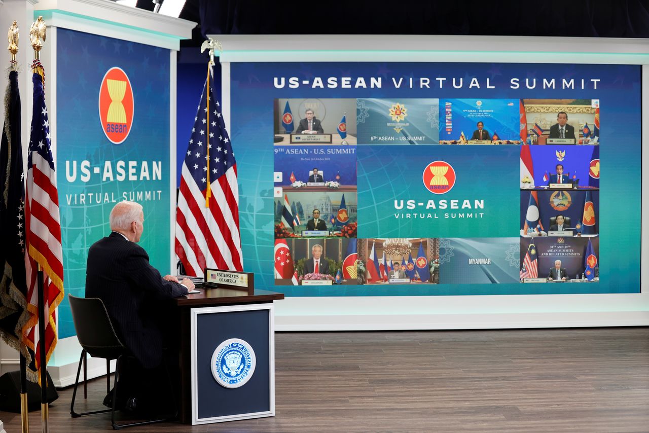 U.S. President Joe Biden participates virtually with the ASEAN summit from an auditorium at the White House in Washington, U.S. October 26, 2021.  REUTERS/Jonathan Ernst