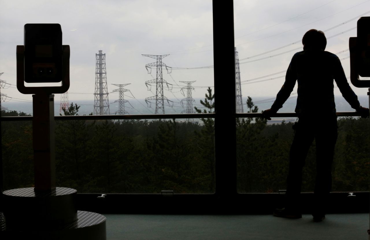 FILE PHOTO: A visitor is silhouetted next to a pair of binoculars as he looks at Tokyo Electric Power Co.