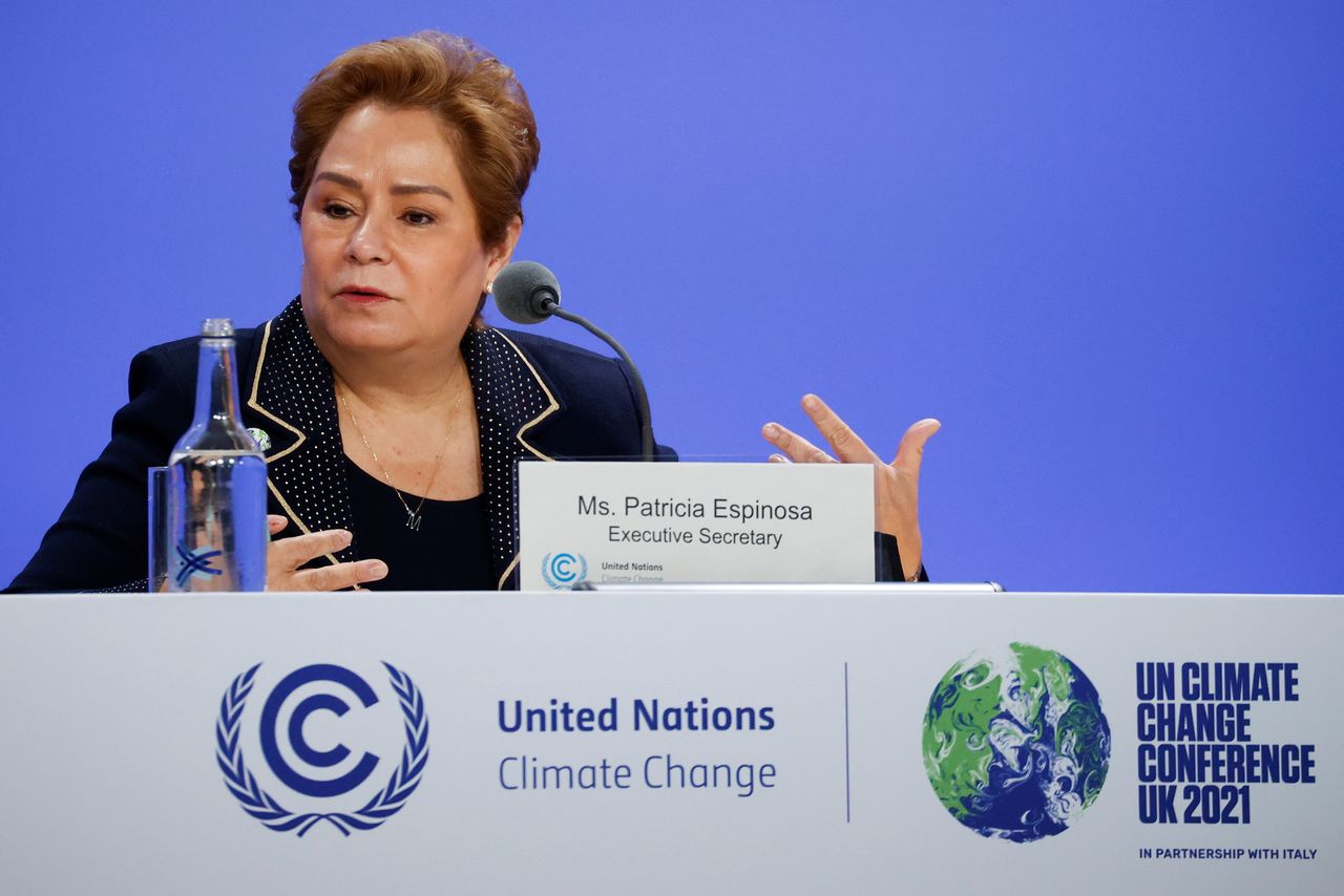 Executive Secretary of the United Nations Framework Convention on Climate Change, Patricia Espinosa holds a press conference during the UN Climate Change Conference (COP26) in Glasgow, Scotland, Britain October 31, 2021. REUTERS/Phil Noble