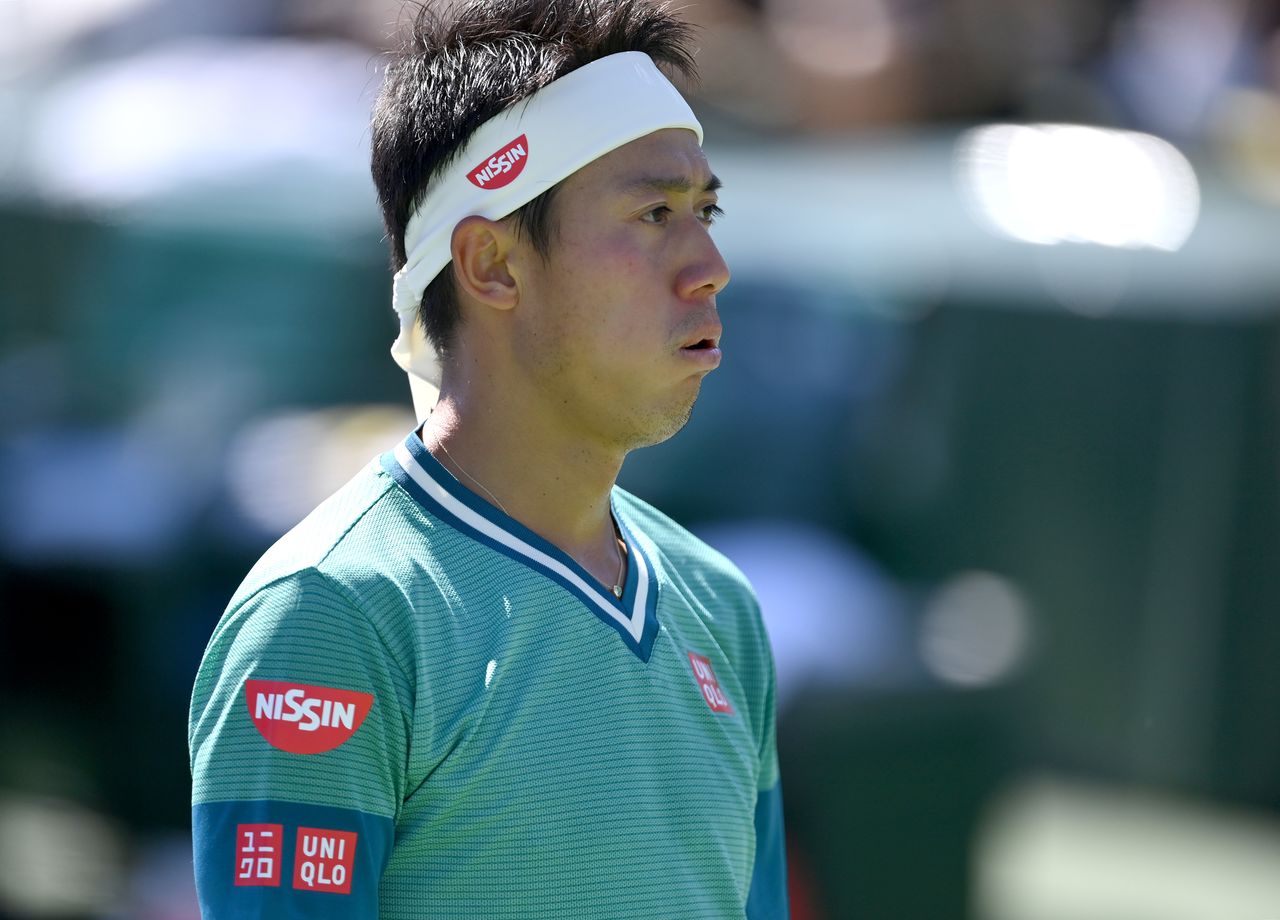 FILE PHOTO: Oct 9, 2021; Indian Wells, CA, USA;  Kei Nishikori (JPN) looks on during his second round match against Daniel Evans (GER) during the BNP Paribas Open at the Indian Wells Tennis Garden. Mandatory Credit: Jayne Kamin-Oncea-USA TODAY Sports