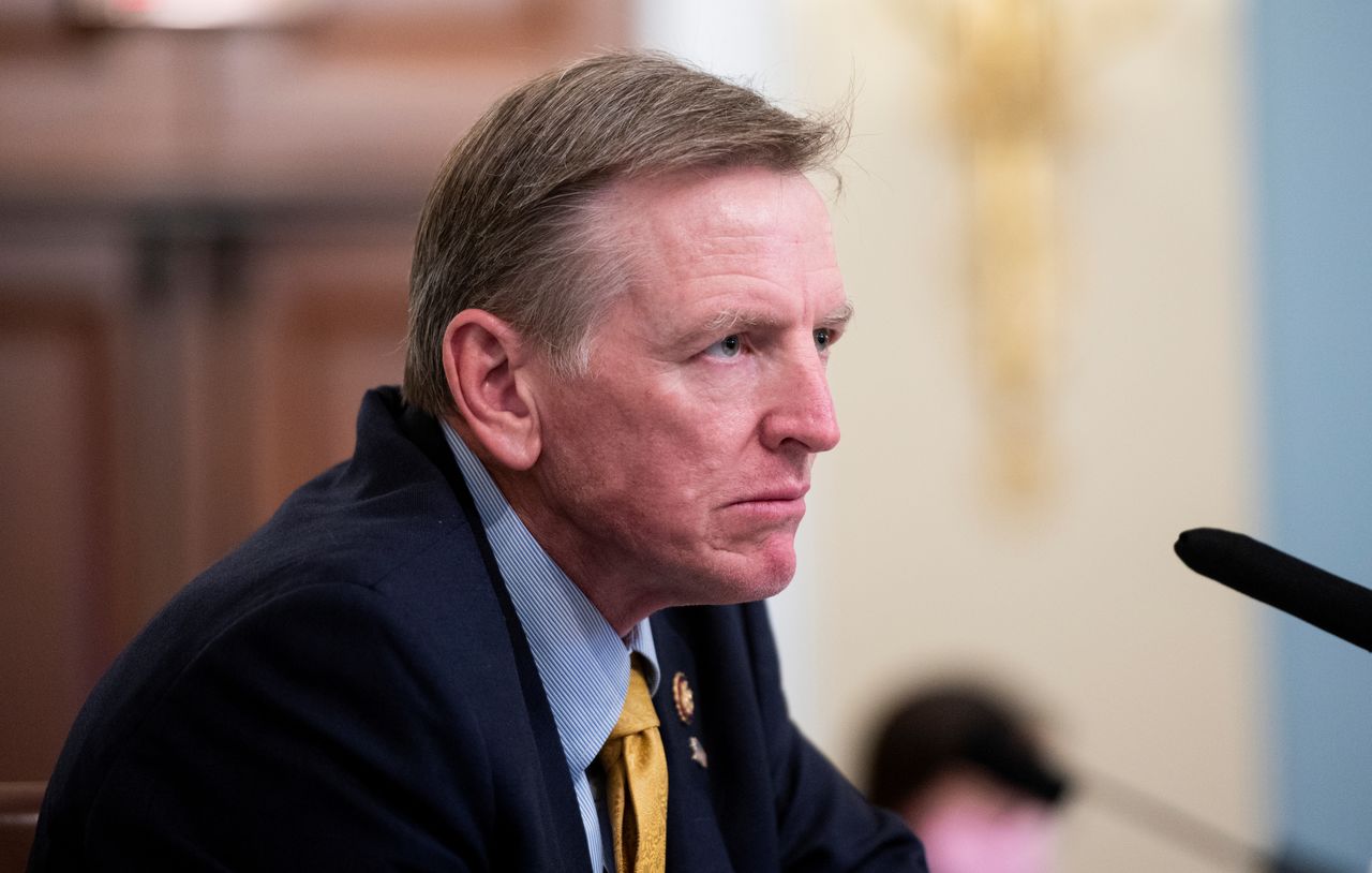 FILE PHOTO: Rep. Paul Gosar (R-AZ) questions United States Park Police acting Chief Gregory T. Monahan, during a U.S. House Natural Resources Committee hearing on "The U.S. Park Police Attack on Peaceful Protesters at Lafayette Square", on Capitol Hill in Washington, U.S., July 28, 2020. Bill Clark/Pool via REUTERS