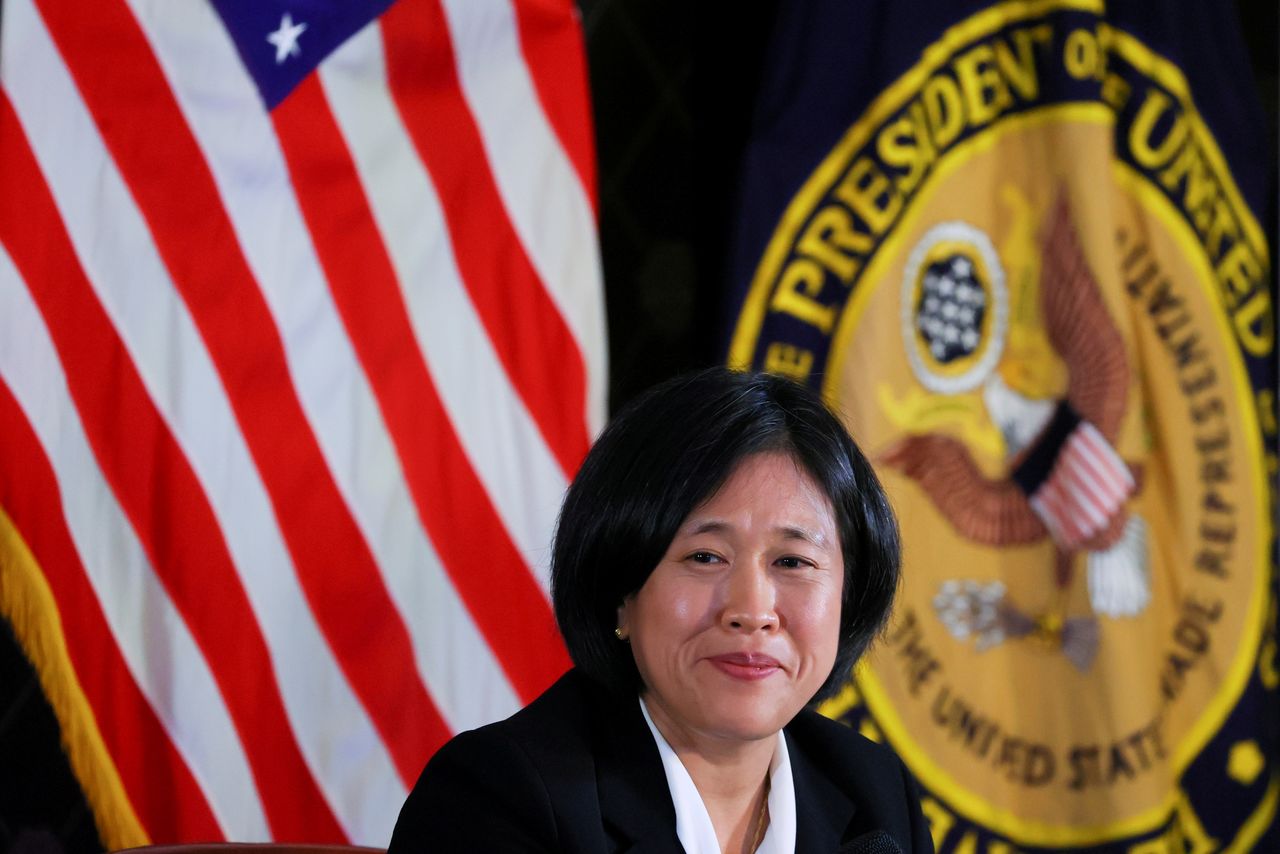 FILE PHOTO: U.S. Trade Representative Katherine Tai addresses the Geneva Graduate Institute on the role of the World Trade Organization (WTO) in the global economy and U.S. policy priorities ahead of the 12th Ministerial Conference in Geneva, Switzerland October 14, 2021. REUTERS/Denis Balibouse/File Photo
