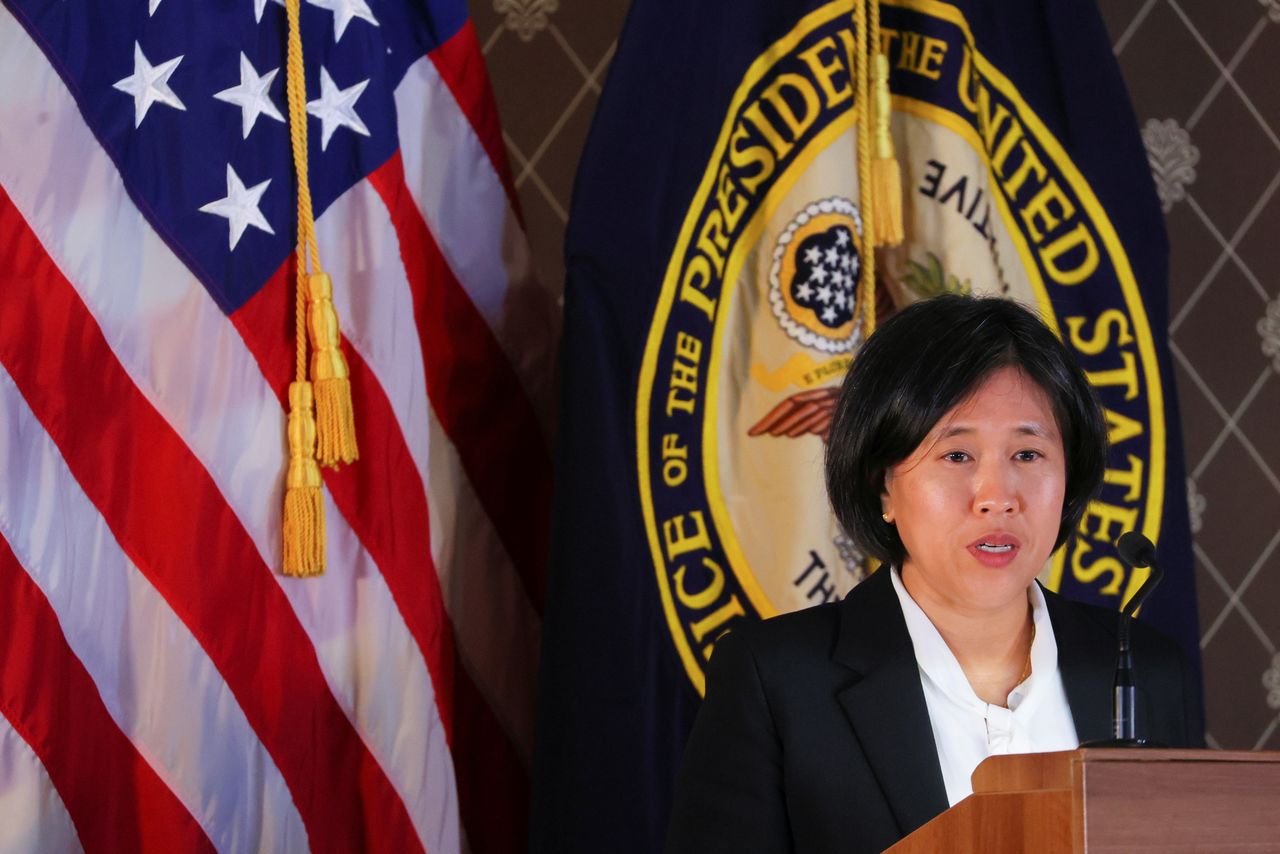 FILE PHOTO: U.S. Trade Representative Katherine Tai addresses the Geneva Graduate Institute on the role of the World Trade Organization (WTO) in the global economy and U.S. policy priorities ahead of the 12th Ministerial Conference in Geneva, Switzerland October 14, 2021. REUTERS/Denis Balibouse