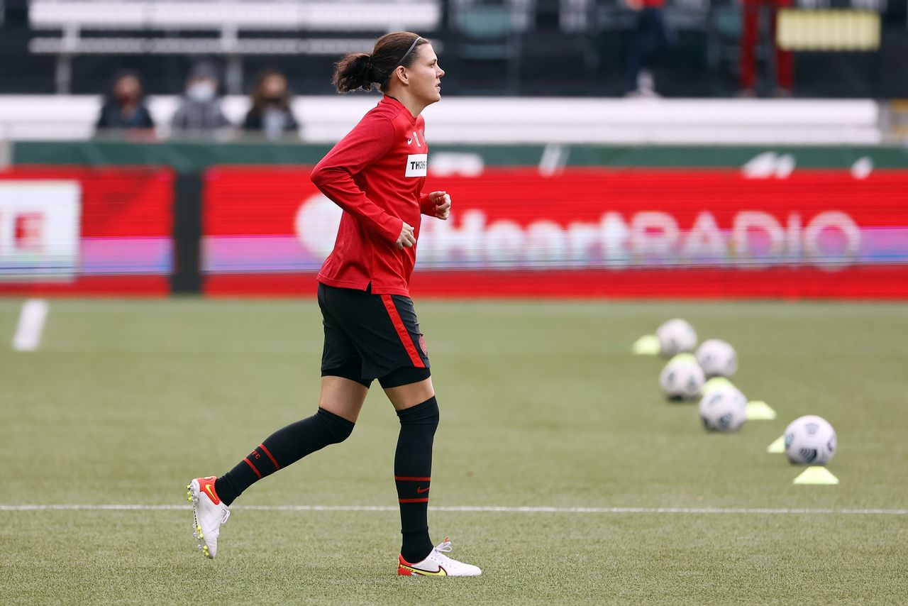 FILE PHOTO: Nov 14, 2021; Portland, OR, USA; Portland Thorns forward Christine Sinclair (12) warms up before a match against the Chicago Red Stars at Providence Park. Mandatory Credit: Soobum Im-USA TODAY Sports