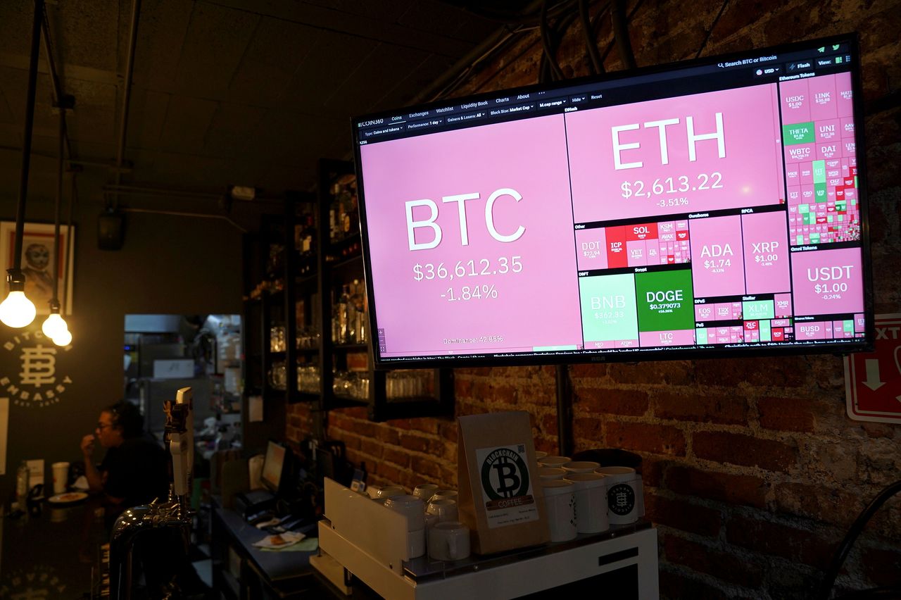 FILE PHOTO: A screen showing the fluctation of virtual cryptocurrencies Bitcoin, Ether and Doge is pictured at the Bitcoin Embassy bar in this illustration taken June 1, 2021. REUTERS/Toya Sarno Jordan/Illustration/File Photo