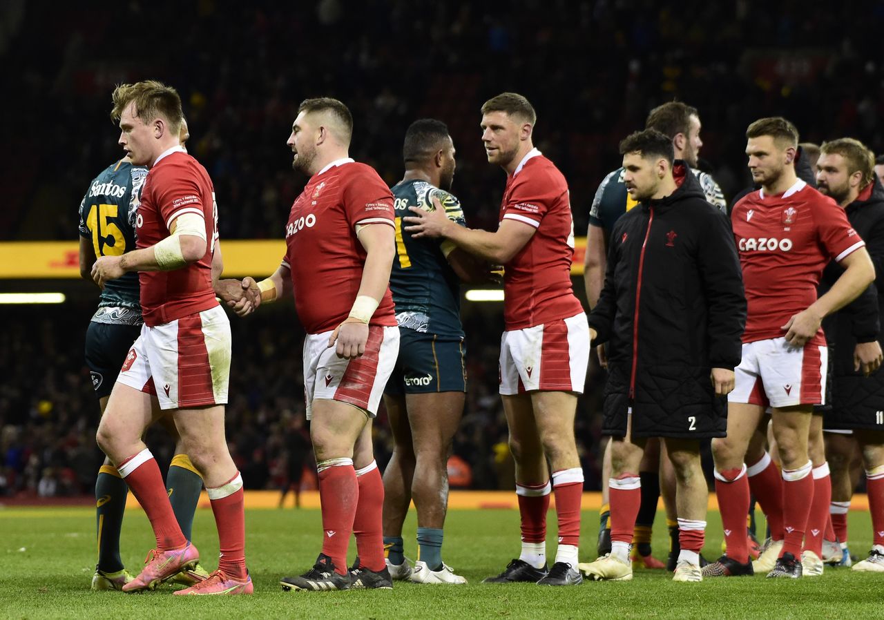 Rugby Union - Autumn International - Wales v Australia - Principality Stadium, Cardiff, Wales, Britain - November 20, 2021 Players shake hands after the match REUTERS/Rebecca Naden