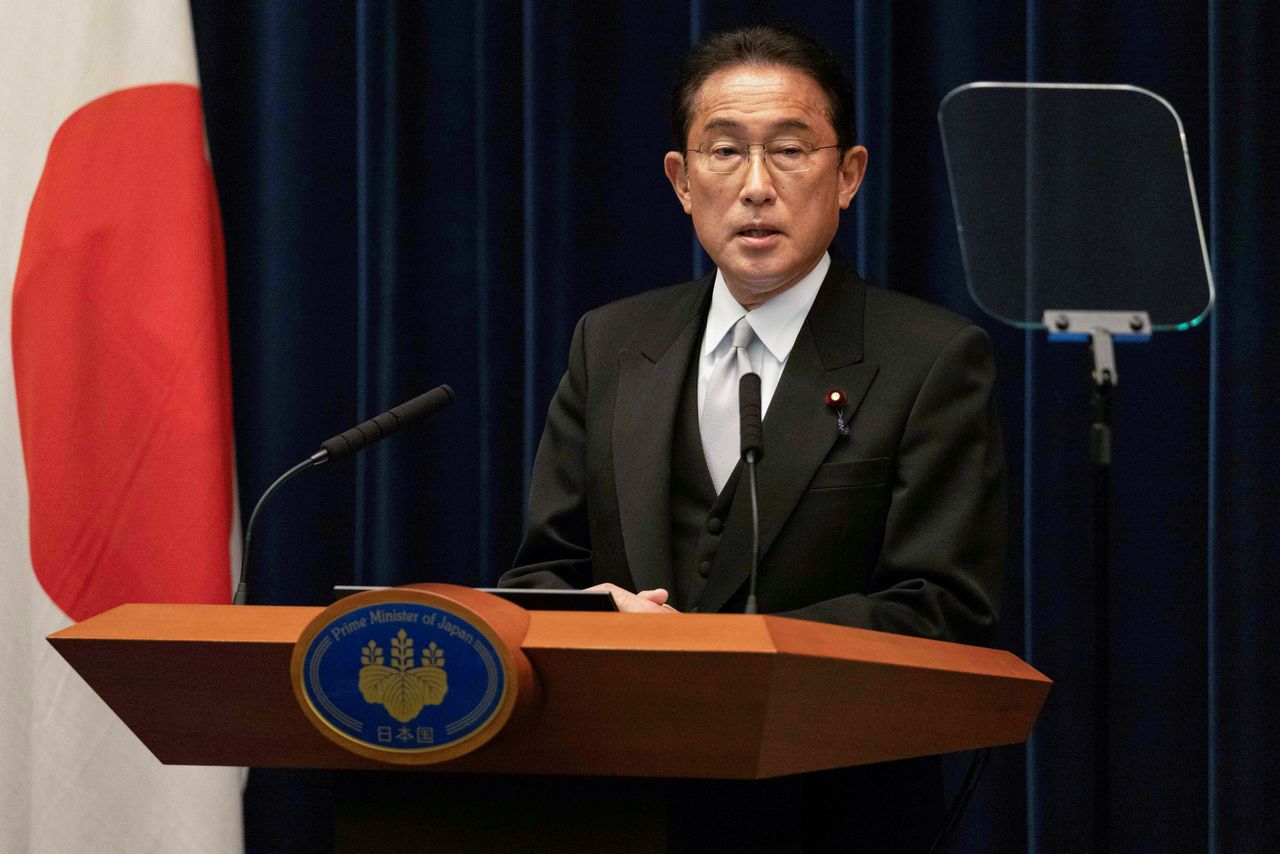 FILE PHOTO: Japanese Prime Minister Fumio Kishida speaks during his press conference, after the parliament re-elected him as prime minister following an election victory last month by his ruling Liberal Democratic Party, in Kantei, Japan November 10, 2021. Stanislav Kogiku/ Pool via REUTERS
