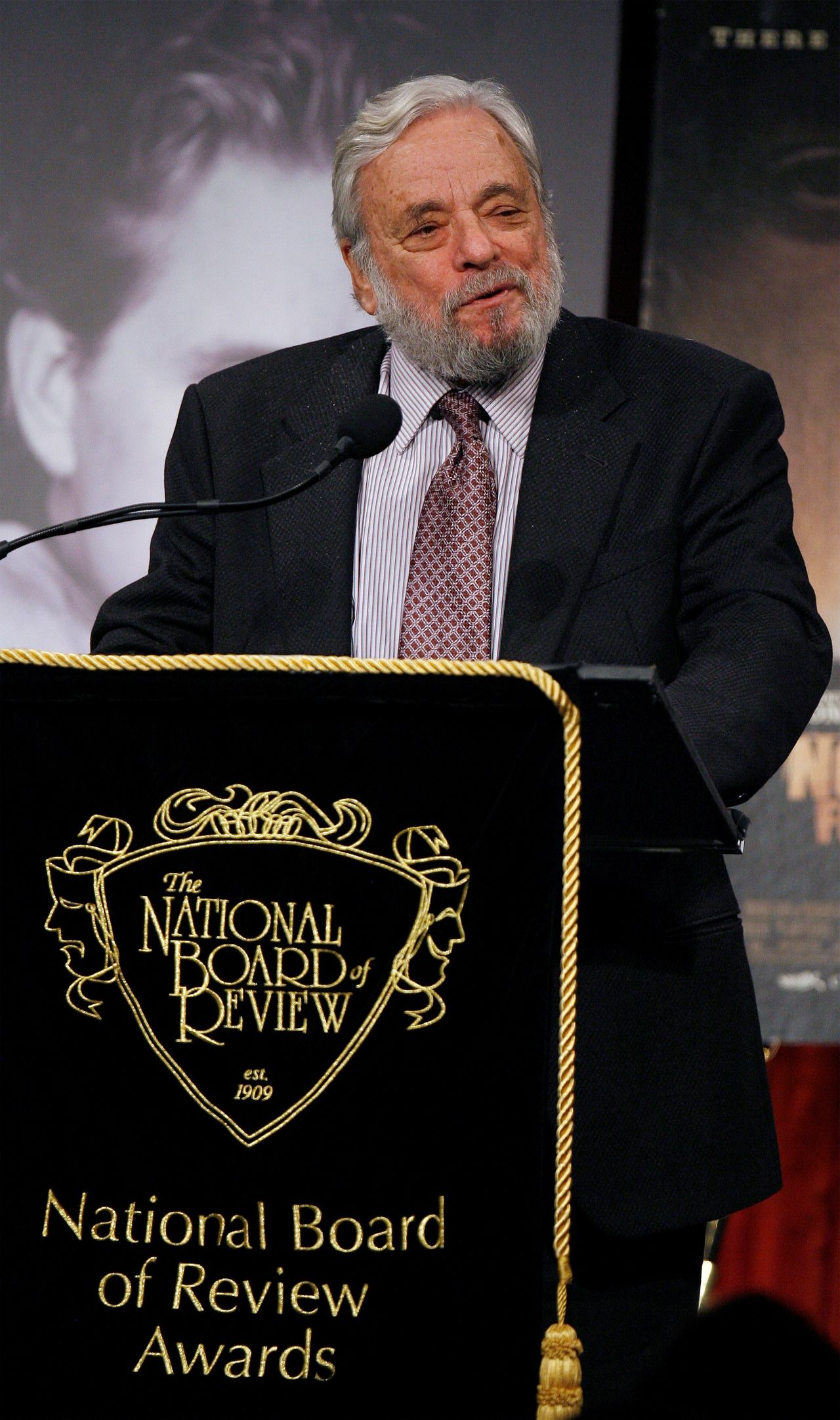 FILE PHOTO: Writer Stephen Sondheim presents an award for Best Director during the National Board Of Review of Motion Pictures award gala in New York January 15, 2008. REUTERS/Lucas Jackson