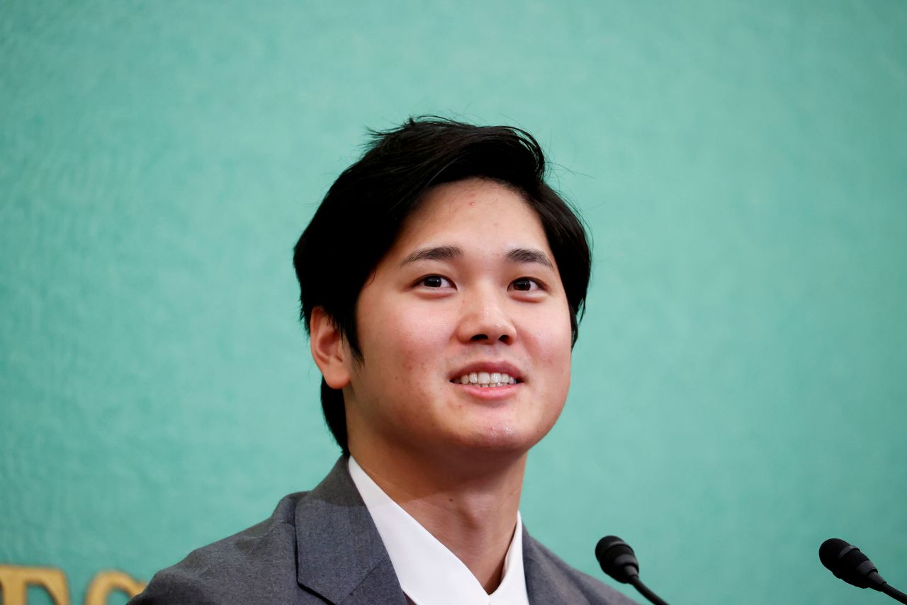 FILE PHOTO: Japanese two-way baseball player for the Los Angeles Angels Shohei Ohtani attends a news conference at the Japan National Press Club in Tokyo, Japan November 15, 2021. REUTERS/Issei Kato