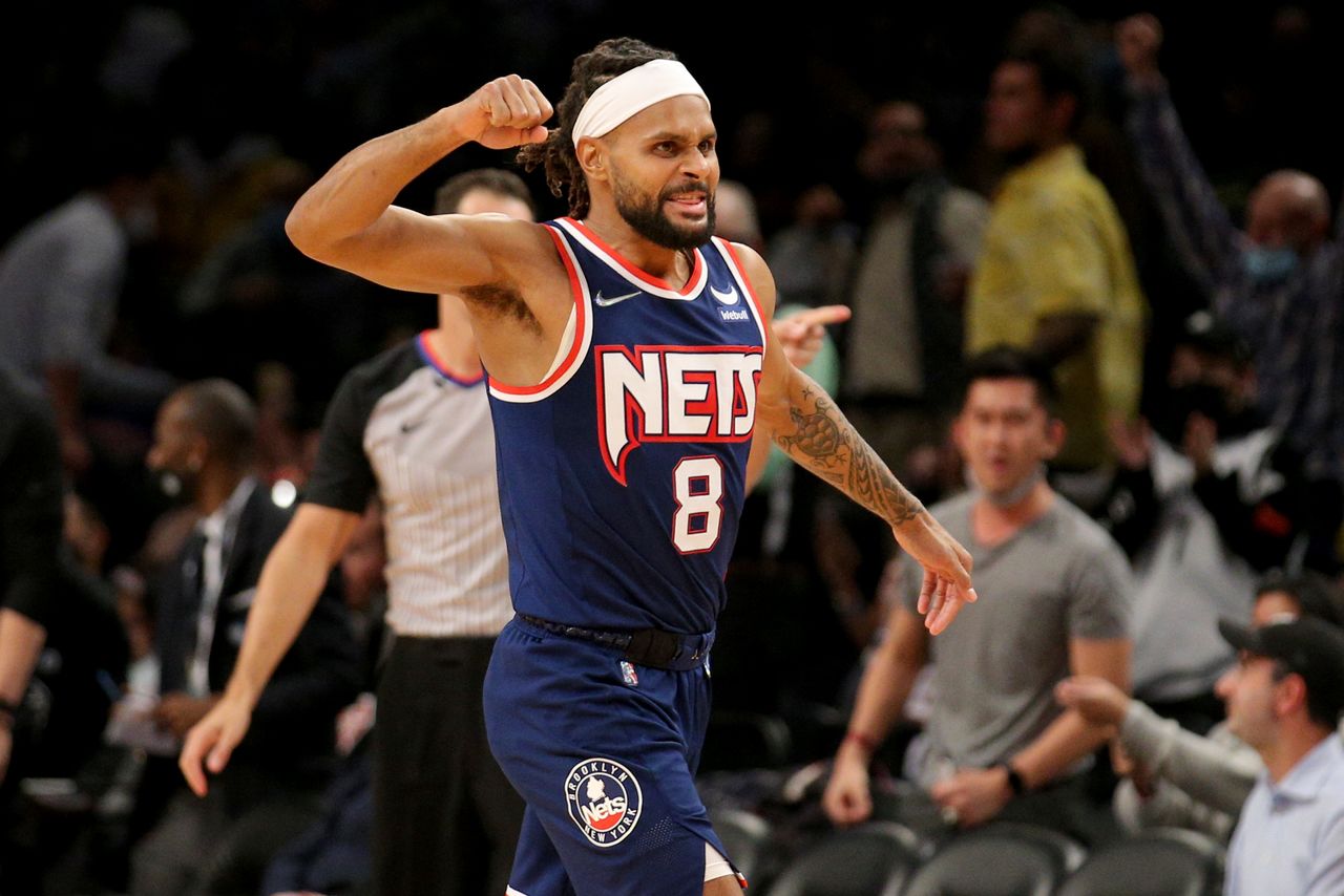 Nov 30, 2021; Brooklyn, New York, USA; Brooklyn Nets guard Patty Mills (8) reacts during the third quarter against the New York Knicks at Barclays Center. Mandatory Credit: Brad Penner-USA TODAY Sports