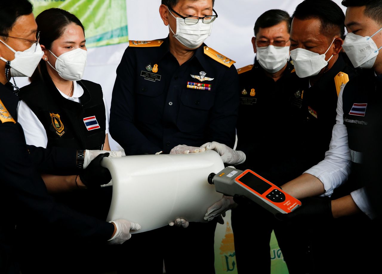 Thai authorities show the result of machine test as they seized 897 kilograms of crystal methamphetamine worth 2.7 billion baht ($79,733,079) after Thai customs intercepted packages headed for Taiwan, in Bangkok, Thailand December 4, 2021. REUTERS/Soe Zeya Tun